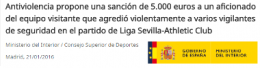 Antiviolencia propone una sanción de 5.000 euros a un aficionado.