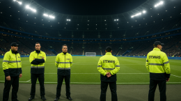 Personal del dispositivo de seguridad y emergencias en un estadio lleno durante un partido nocturno, con chalecos reflectantes y presencia estratégica en el perímetro del campo.